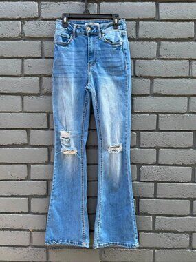Wax Jeans Women Distressed Frayed High Rise Flared Blue Denim Jean Stretch  1/25